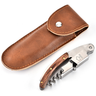 Dụng cụ khui rượu inox cán gỗ cao cấp (kèm bao da)