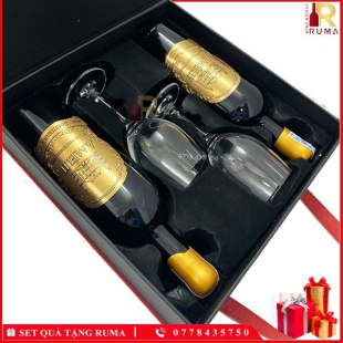 Set quà tặng hộp da 2 chai rượu vang Pháp Amelie kèm ly vang