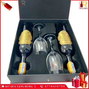 Set quà tặng hộp da 2 chai rượu vang Pháp Quentin kèm ly vang