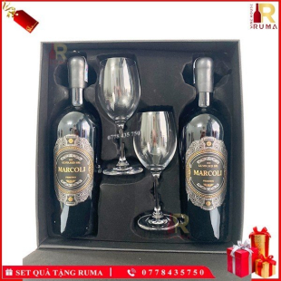 Set quà tặng hộp da 2 chai rượu vang Ý Marcoli kèm ly vang
